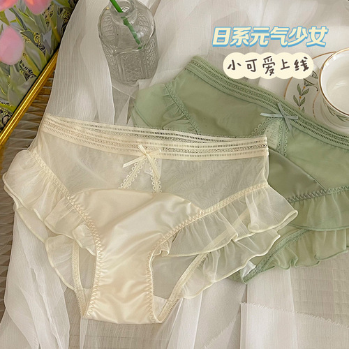 Japanese sweet pure desire mesh panties for women summer thin lace sexy mid-waist breathable bow girl briefs