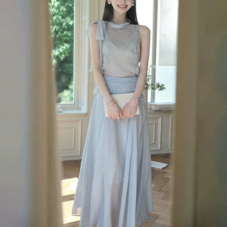 俏佳人灵动飘逸人丝乔其无袖上衣/A字半身裙套装女两件套气质女装