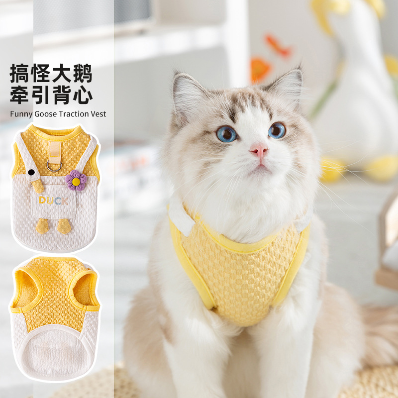 Gato primavera y verano estilo fino transpirable divertido gran bolsillo de ganso blanco chaleco de tracción perro de dos patas mascota ropa de peluche