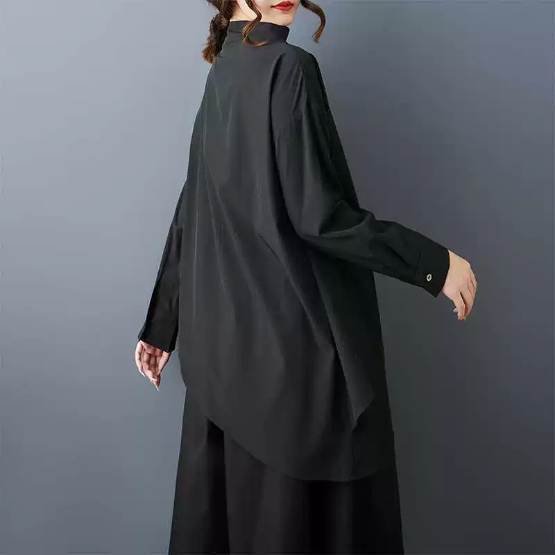 Autumn asymmetrical shirt, plus size, high collar