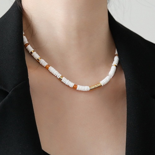 Natural stone colored flying disc necklace, original niche design, hand-beaded, vintage style stacked clavicle chain