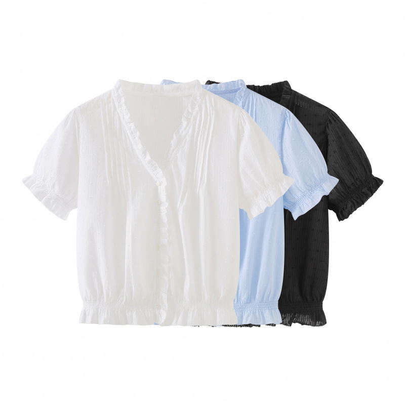 Women's Cotton Puff-Sleeve Jacquard Button-Down V-Neck Cardigan Shirt/Casual Short-Sleeve Shirt 26 Spring/Summer Style 483881