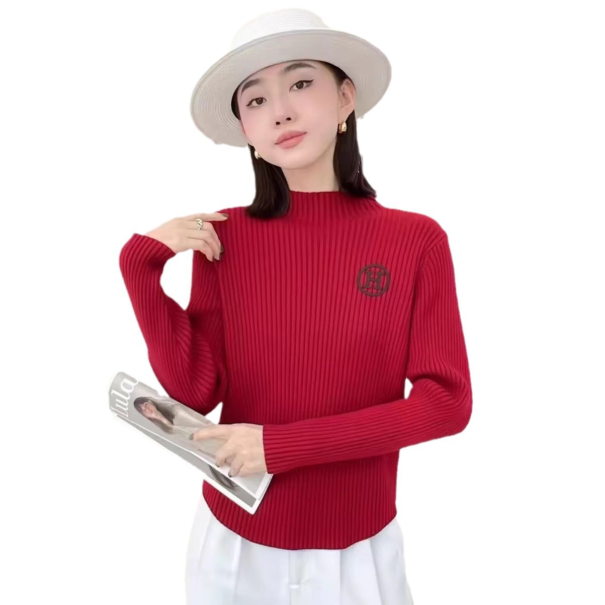Diseño elegante irregular suéter de cuello medio alto para mujeres 2024 otoño y invierno nuevo estilo extranjero camisa de punto superior