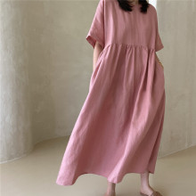 现货新款日系文艺立领休闲长款衬衫裙亚麻连衣裙森系宽松棉麻袍子