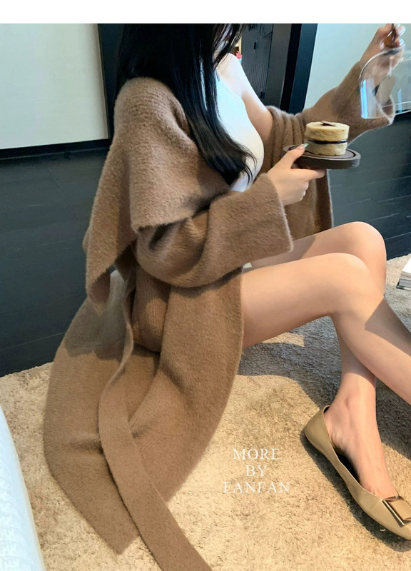 秋冬新款松弛感长款针织开衫女宽松慵懒风大翻领系带毛衣外套加厚|undefined