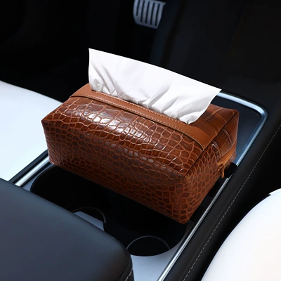 Car Tissue Box, High-End Crocodile Car tissue box/set - armrest-box-strap-brown