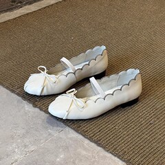 现货~法式仙女风花边一字带芭蕾舞鞋女浅口真皮蝴蝶结平底单鞋