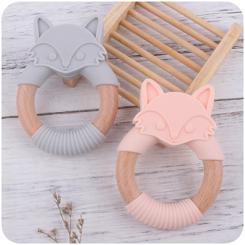 Bebé mordedor silicona animal anillo de madera mordedor Diente de dibujos animados animal Beech bebé zorro pulsera teether juguete