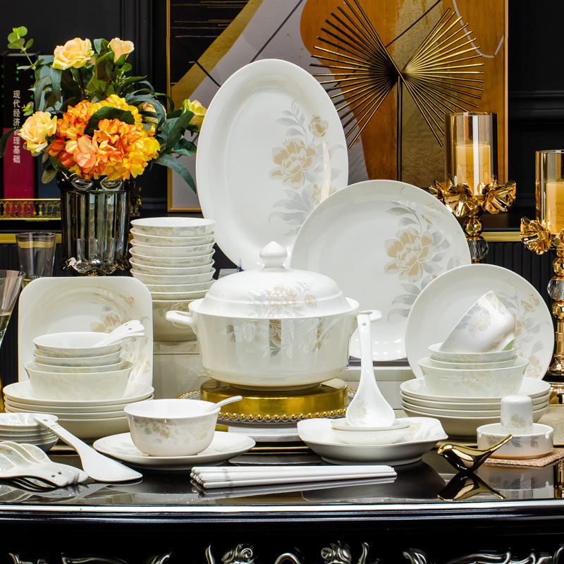 Jingdezhen High-end Bone China Dishes suit Household Ceramic Tableware Elegant Celebrity Dishes Housewarming Gift Giving