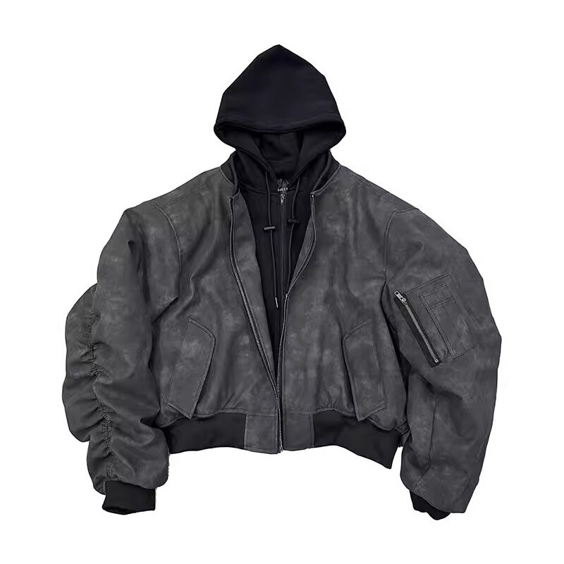 Cross-Border 2025 Leather Bomber Jacket Double-Layer Faux Two-Piece Hooded Coat Pilot Jacket Leather Cotton Jacket Black Wide