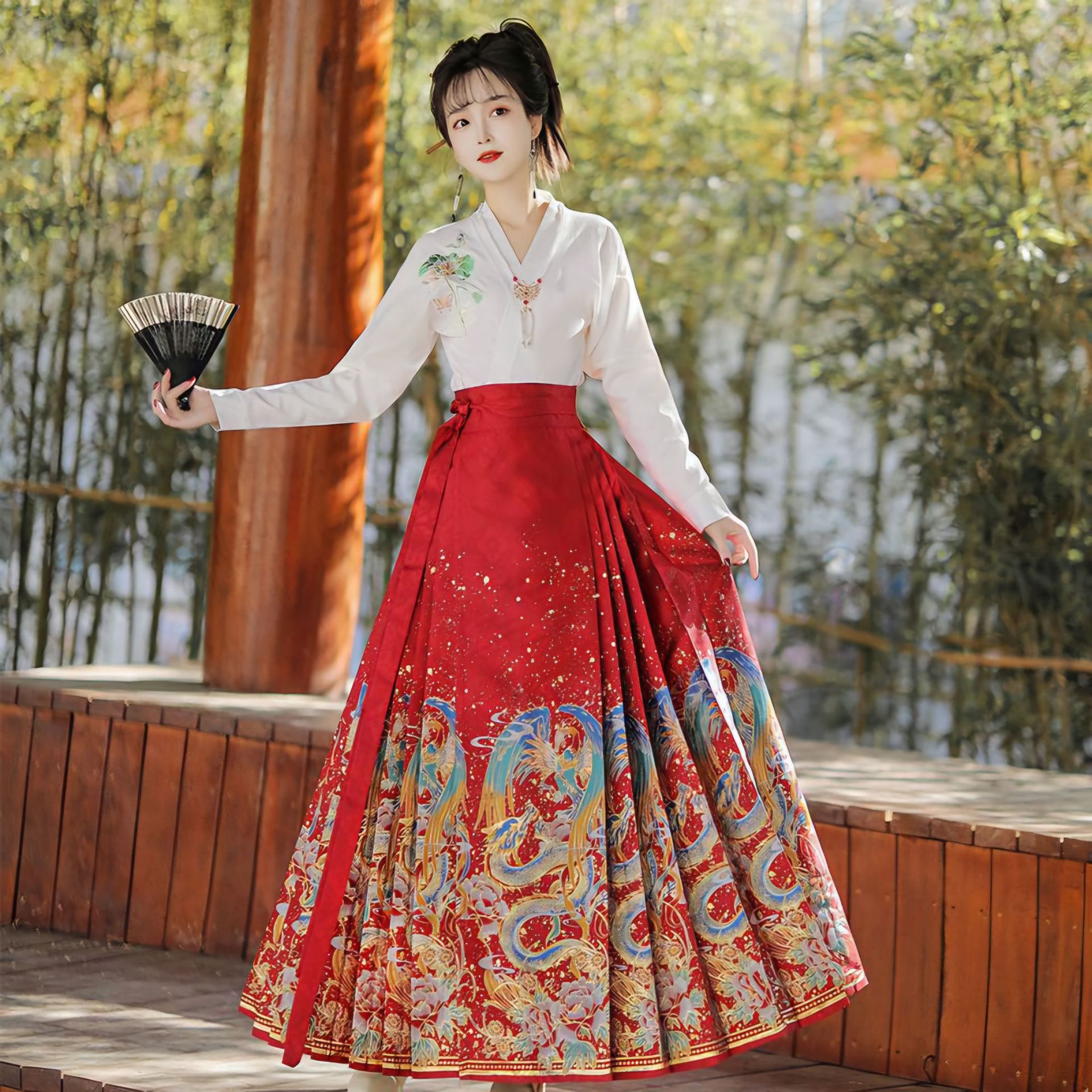 Original Ming Dynasty Embroidered Gold Imitation Brocade Horsehair Skirt [Dragon and Phoenix Present Good Fortune] Women's Daily Hanfu Embroidered Shirt Set