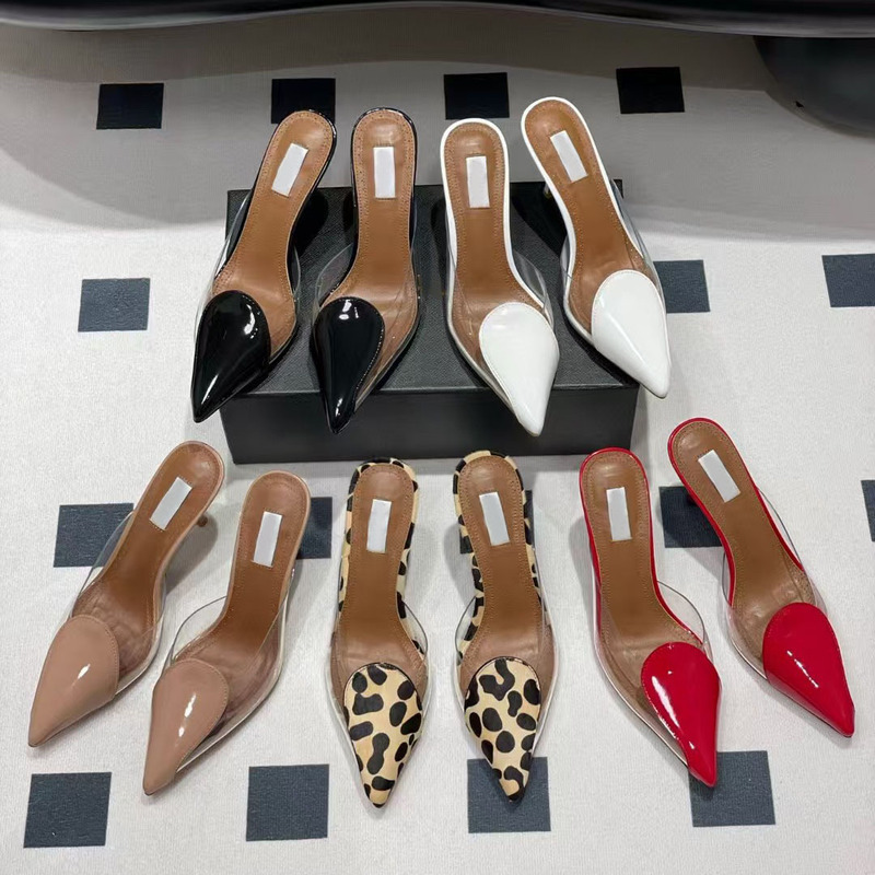 Ala2025 New Fashionable Glossy Leopard Print Pointed Toe Film Ultra-High Heel Toe Slippers Women's Stiletto Mule Shoes