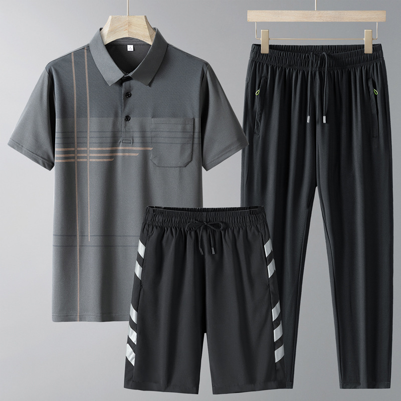 Traje casual de verano de papá de mediana edad Camiseta polo de media manga delgada de verano de manga corta para hombre Camiseta de tres piezas de secado rápido para hombre