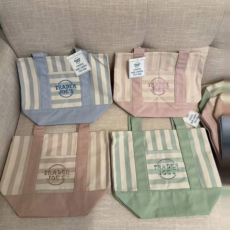 New Quedejiu striped canvas bag, fashionable trendy shopping bag, handbag, tote bag, eco-friendly bag, lunch bag