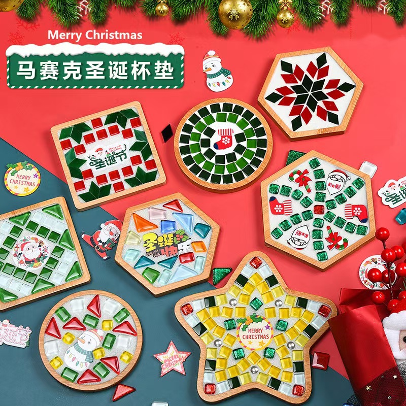 Рождественский DIY набор для мозаичной подставки под чашку, детям от 3 лет, творческая поделка, подарок для совместного творчества