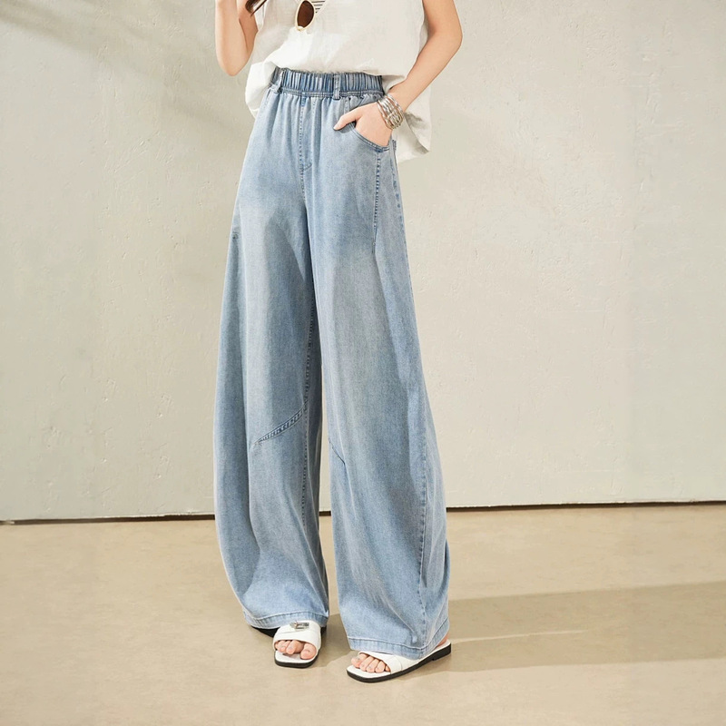 2026 Summer Tencel Denim Curved Pants for Women, Elastic Waist, Loose Casual Wide-Leg Pants, High-Waisted Jeans, Floor-Length 2026 Summer Tencel Denim Curved Pants for Women, Elastic Waist, Loose Casual Wide-Leg Pants, High-Waisted Jeans, Floor-Length