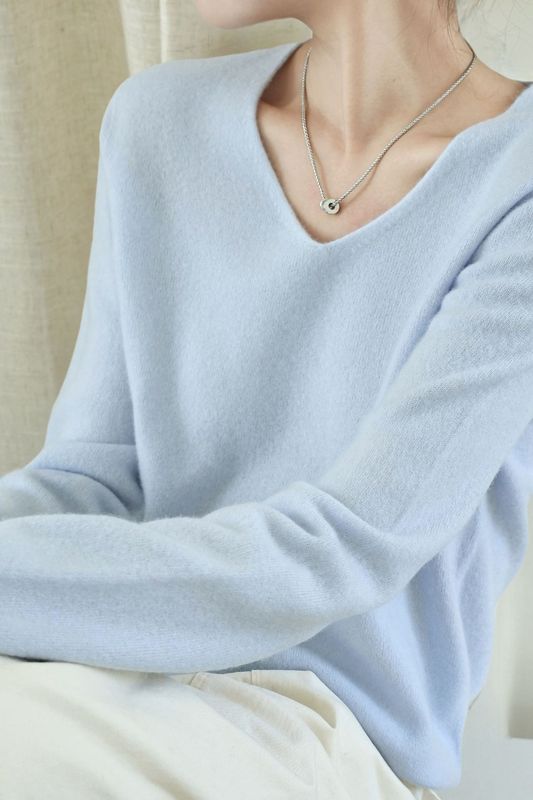 女式羊毛衫V领羊绒羊毛衫女上衣慵懒宽松长袖套头针织打底衫毛衣|undefined