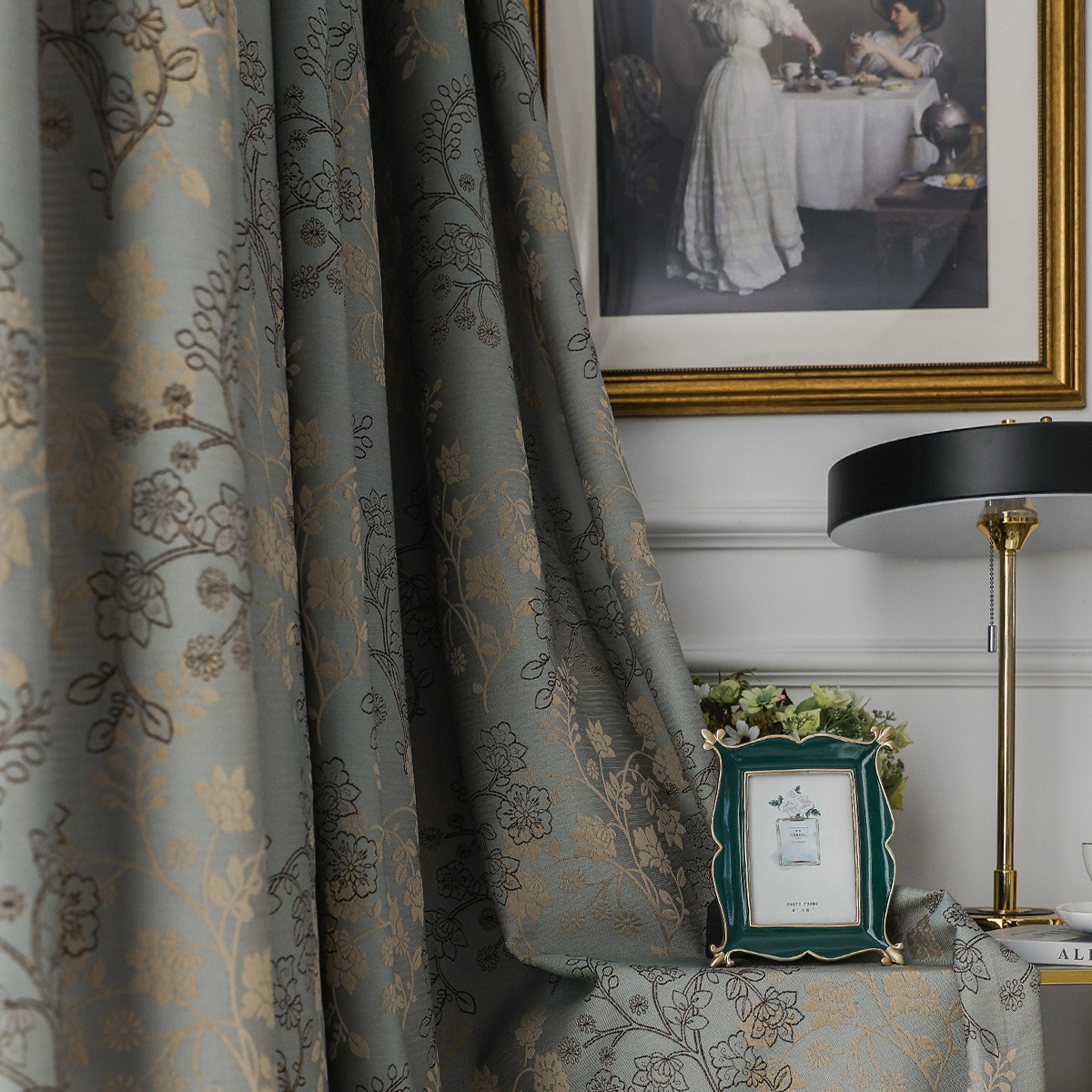 欧美式加厚提花遮光高精密田园风客厅卧室落地飘窗窗帘布料成品帘|ru