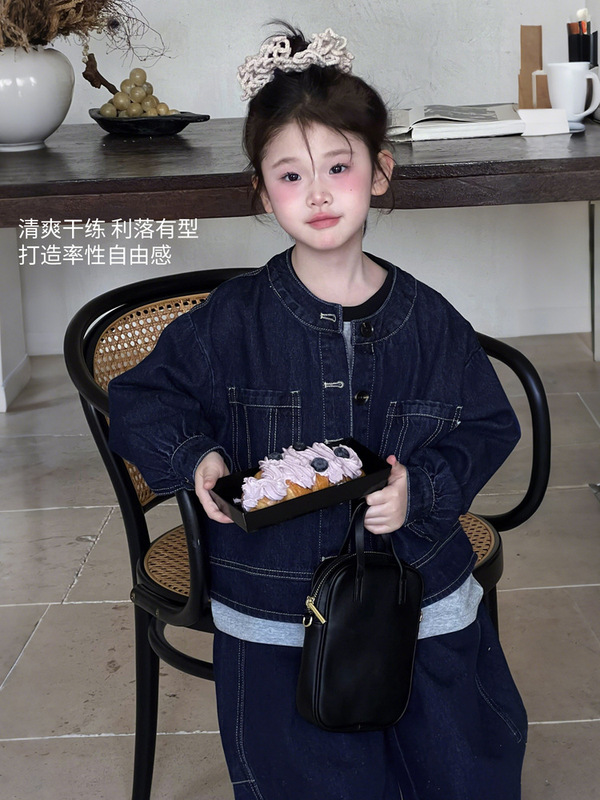 图图小象女童套装早秋款2025新款时尚短款软牛仔外套牛仔阔腿裤潮|undefined