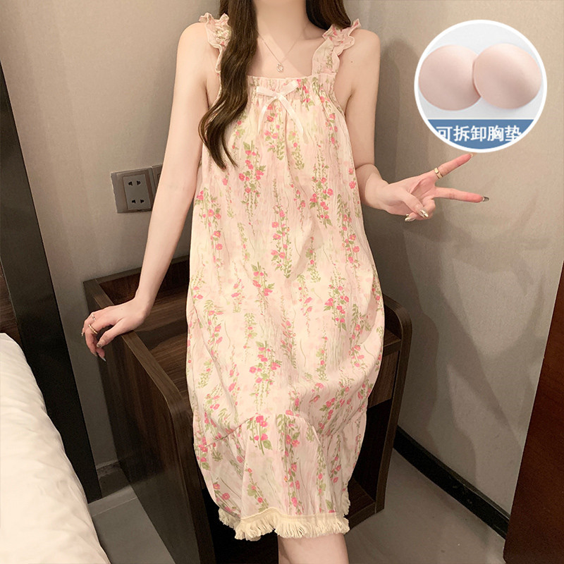 2024 verano esling vestido de pijama chica tejido nubes de algodón cojín de pecho lindo dulce se puede usar vestido largo ropa para el hogar
