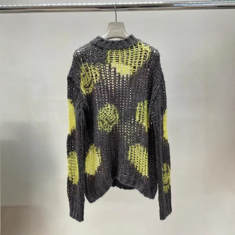 25 Early Autumn New Niche Ac Cut Out Smiley Expression Embroidered Mohair Pullover Knitwear Cut Out Knitwear for Women