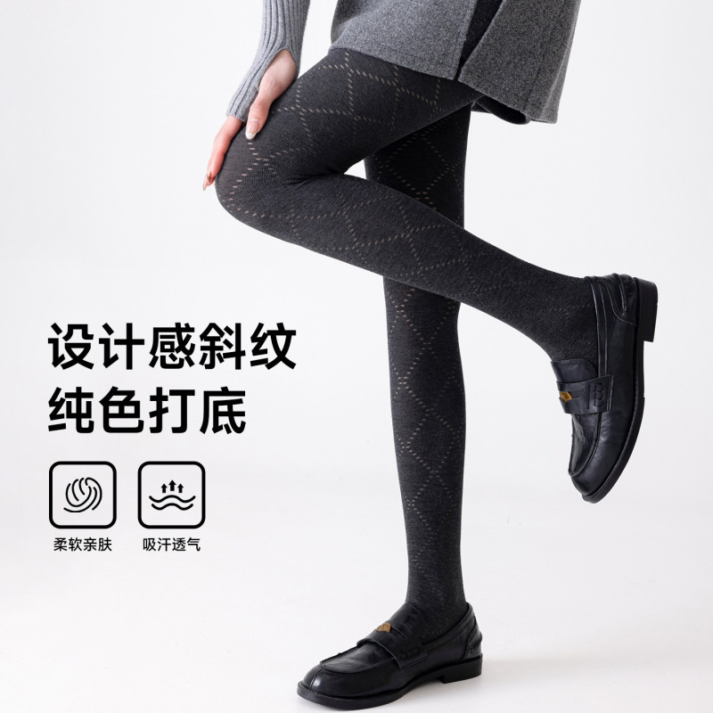 Black Diamond-Patterned Hollow-Out Tights, Spring/Summer Thin Cotton Style, Slightly Compressive, Slimming, Gray Series, Outerwear Leggings