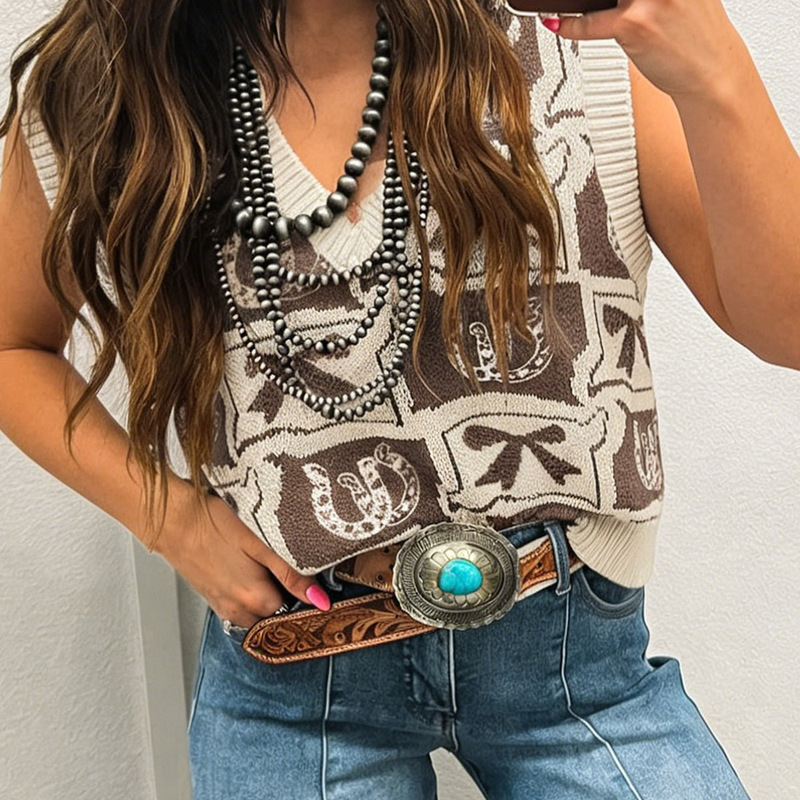 New vintage western pattern knitted vest for women, European and American style, V-neck, loose, casual, sleeveless top for women New vintage western pattern knitted vest for women, European and American style, V-neck, loose, casual, sleeveless top for women