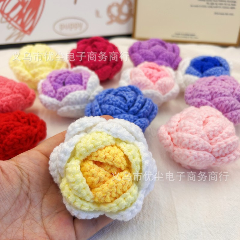 成品手工编织针织毛线玫瑰花仿真花永生花棉线钩织自制情人节花束