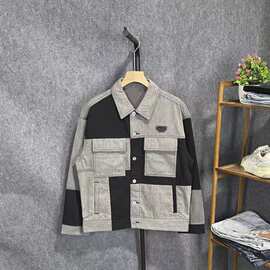 原创设计2026新款时尚拼色复古做旧外套翻领简约百搭上衣潮牌男装