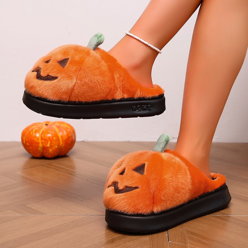 Orange pumpkin plush cotton slippers for women, Halloween funny cartoon thick-soled home warm closed-toe furry slippers wholesale Orange pumpkin plush cotton slippers for women, Halloween funny cartoon thick-soled home warm closed-toe furry slippers wholesale