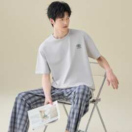 纯棉短袖长裤男士睡衣套头条纹格子全棉可外穿男生短袖休闲家居服
