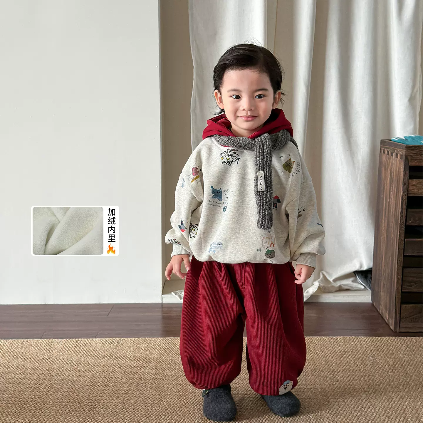 茵可童装男童冬装2025新款小少爷加绒儿童套装卫衣卫裤男宝宝衣服