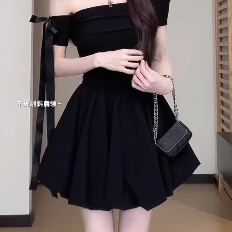 LC721 French-style off-shoulder black dress for women, summer 2026 new model, stunning Hepburn style with fluffy floral design