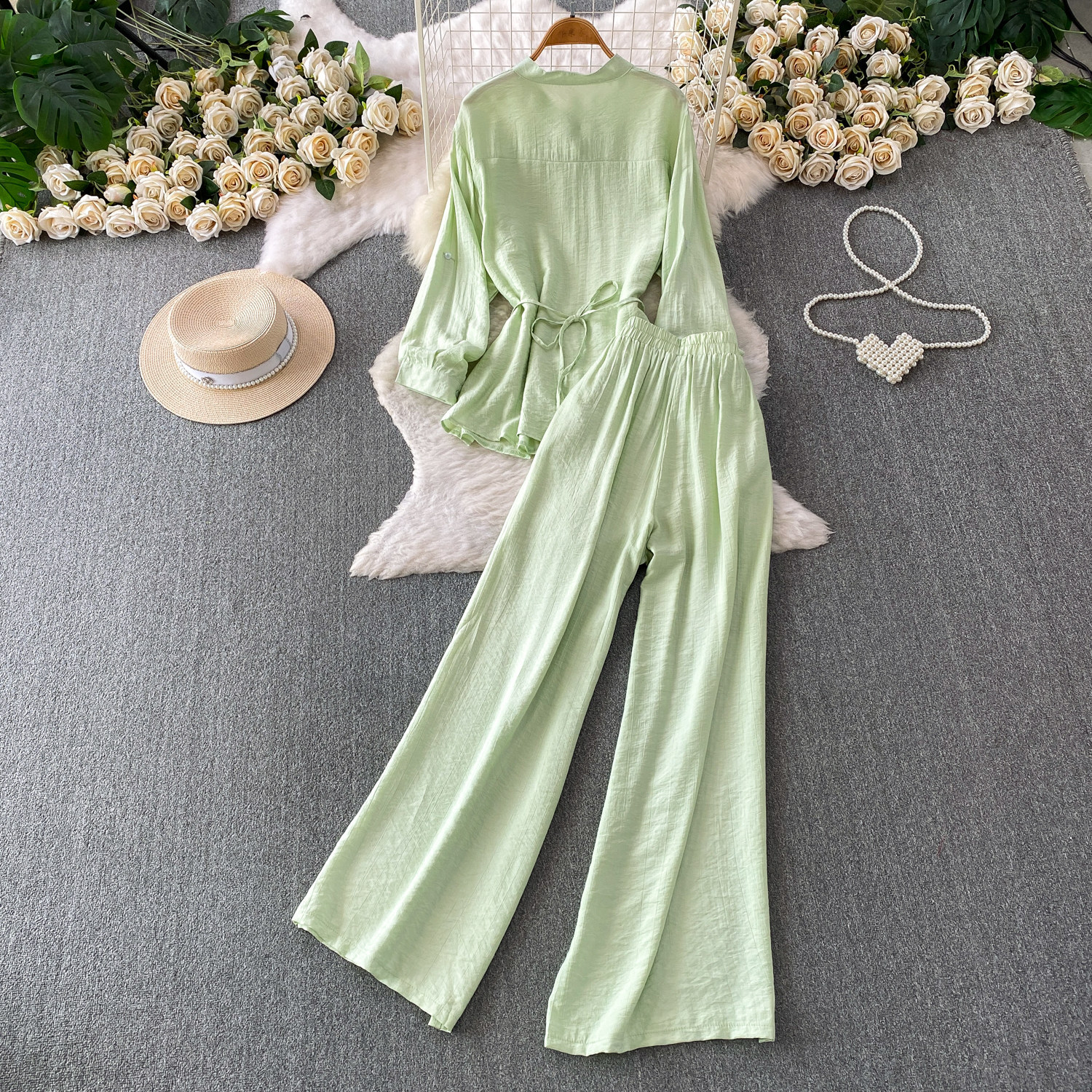 Mambo Mint Green Women's Clothing Set Refreshing Skin Friendly Breathable Loose Fitting Long Sleeved Shirt Jacket with High Waisted Wide Leg Pants_ecoleips.com