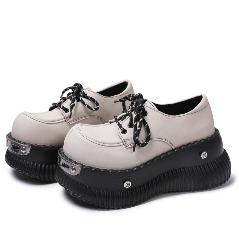 Punk Style Metal Thick-soled Leather Shoes Niche Design Hot Girl Biscuit Shoes Shorty Music Lace-up Loaf Big-toed Shoes Punk Style Metal Thick-soled Leather Shoes Niche Design Hot Girl Biscuit Shoes Shorty Music Lace-up Loaf Big-toed Shoes