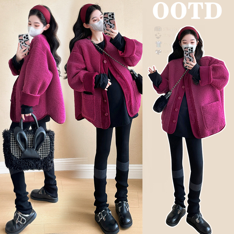 TMALL 품질 두꺼운 폴라 플리스 니트 두꺼운 재킷 다용도 싱글 브레스트 라즈베리 핑크 라운드 칼라 실제 촬영