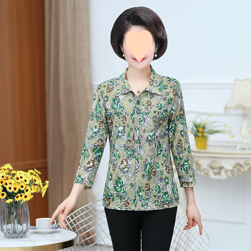 中高年の婦人服の薄い氷のシルクのシャツの長袖の女性の夏の新型のおばあさんはゆったりとしたカジュアルな大きいサイズの上着を詰めます。|undefined