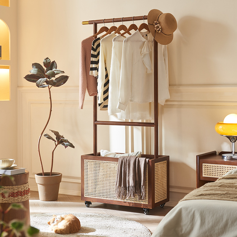 Rattan solid wood hanger floor bedroom multi-functional removable laundry basket simple white wax wooden hanger coat rack