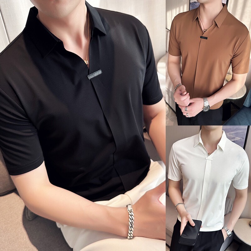 Ice Silk Seamless V Neck Polo Shirt Short-Sleeved Men's Summer Retro Handsome Youth Business Casual High Elastic Half-Sleeved T-Shirt