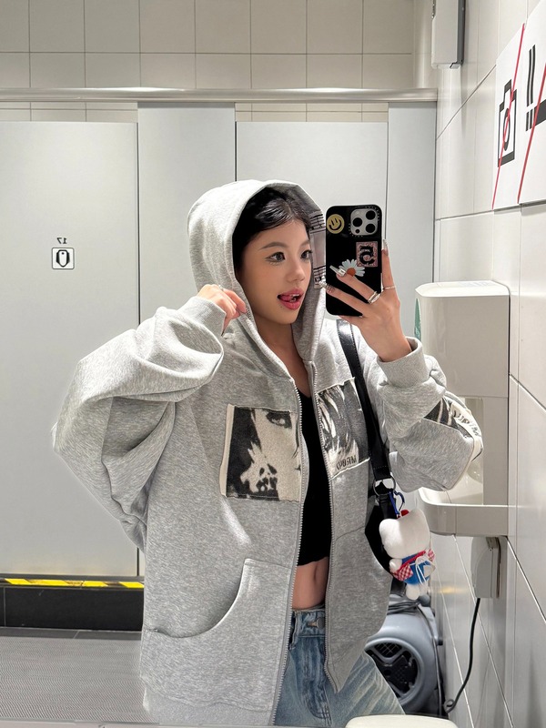 2025美式宽松开衫街头外套风朋克灰色连帽卫衣女秋同款冬潮牌重磅|undefined
