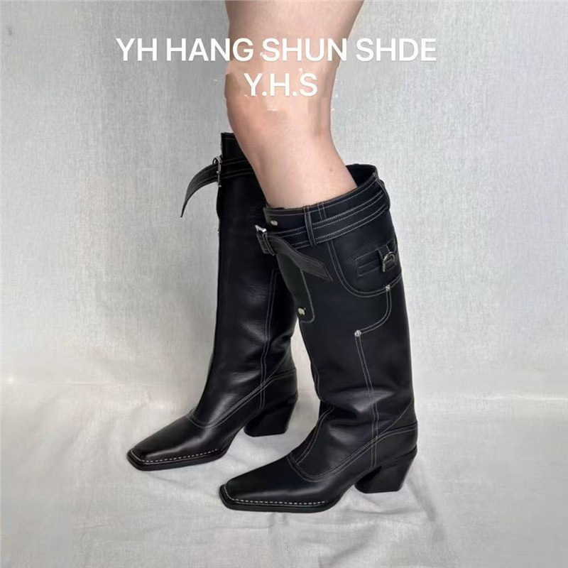 牛皮版~复古粗跟方头高筒靴女25新款小众设计时装靴百搭显瘦长靴|undefined