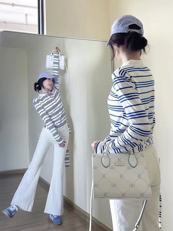 韩系polo领蓝条纹长袖t恤女秋季新款设计感小众气质减龄飘带上衣|undefined
