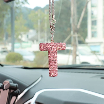 Car hanging, rhinestone car rearview mirror - t-letter-car-pendant-pink