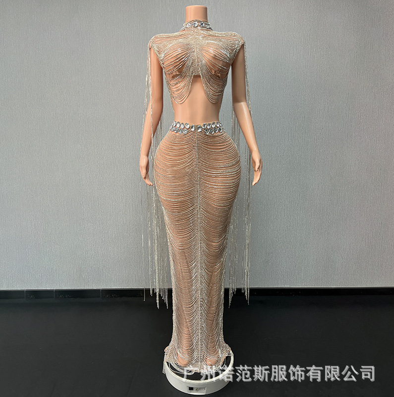 European and American High-end Luxury Silver Chain Tassel Banquet Evening Dress Temperament Celebrity Party suit Singer Fashion Performance Dress