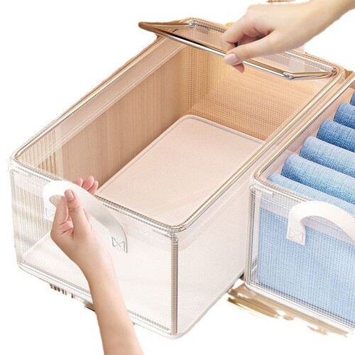 Clothes storage box, household transparent with lid sorting box, clothes layered artifact, clothes stacked storage basket, dormitory