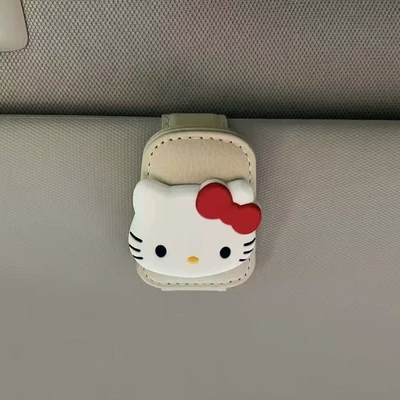 Cute Kt Cat Car Sunglasses Holder, Multifunctional Sun Visor Storage for Sunglasses, Cards, and Cute Receipt Clip (Car Glasses Clip/Bill Clip) - gray-glasses-clip-red-kt-cat