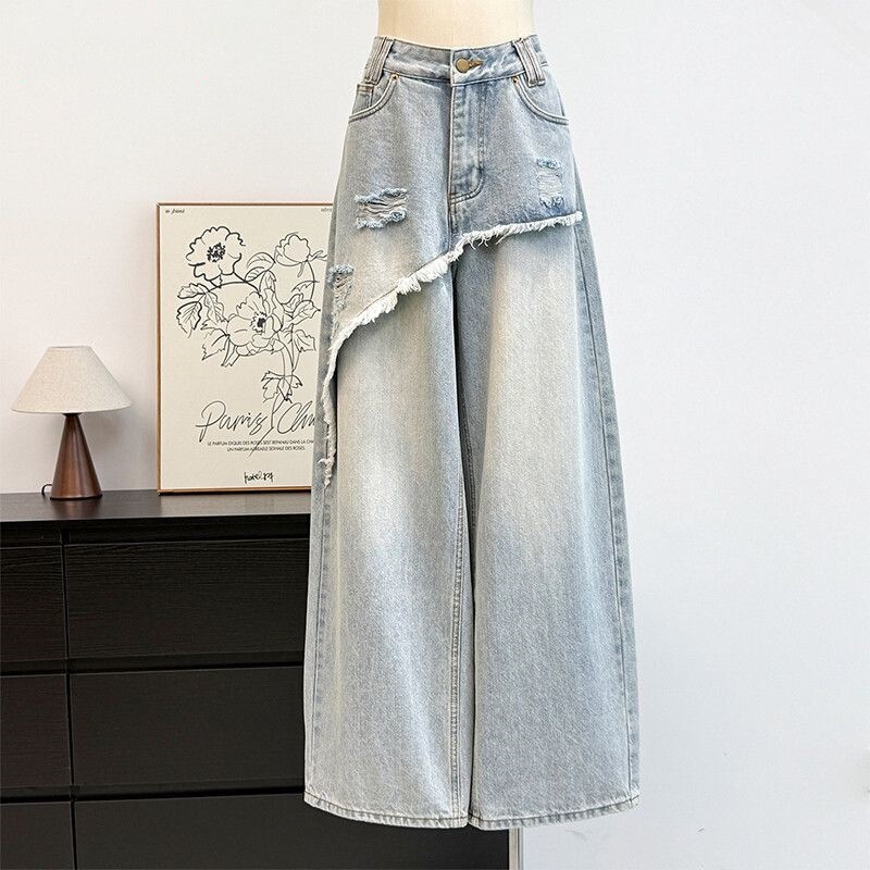 2026 Summer New Fashion Retro Distressed Fake Two-Piece Wide-Leg Vintage High-Street Washed-out Distressed Wide-Leg Jeans 2026 Summer New Fashion Retro Distressed Fake Two-Piece Wide-Leg Vintage High-Street Washed-out Distressed Wide-Leg Jeans