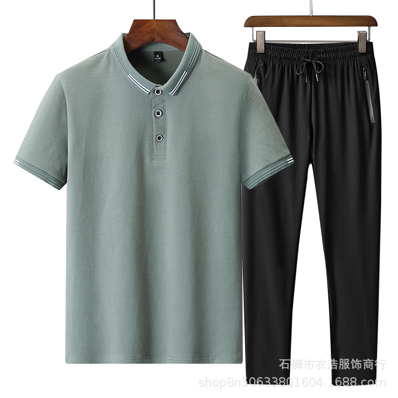 Traje deportivo para hombre, camisa POLO informal de manga corta de verano para hombres de mediana edad, pantalones de seda helada de talla grande, conjunto de dos piezas elástico de secado rápido