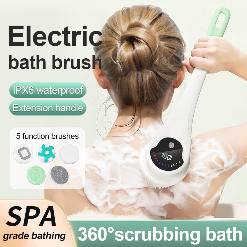 Cross-Border Electric Bath Brush, Multifunctional Waterproof Long-Handle Back Scrubber, 360-Degree Exfoliating and Dirt-Removing Bath Brush