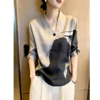 2026夏新款法式印花V领上衣女百搭气质通勤风休闲风小衫时尚上衣
